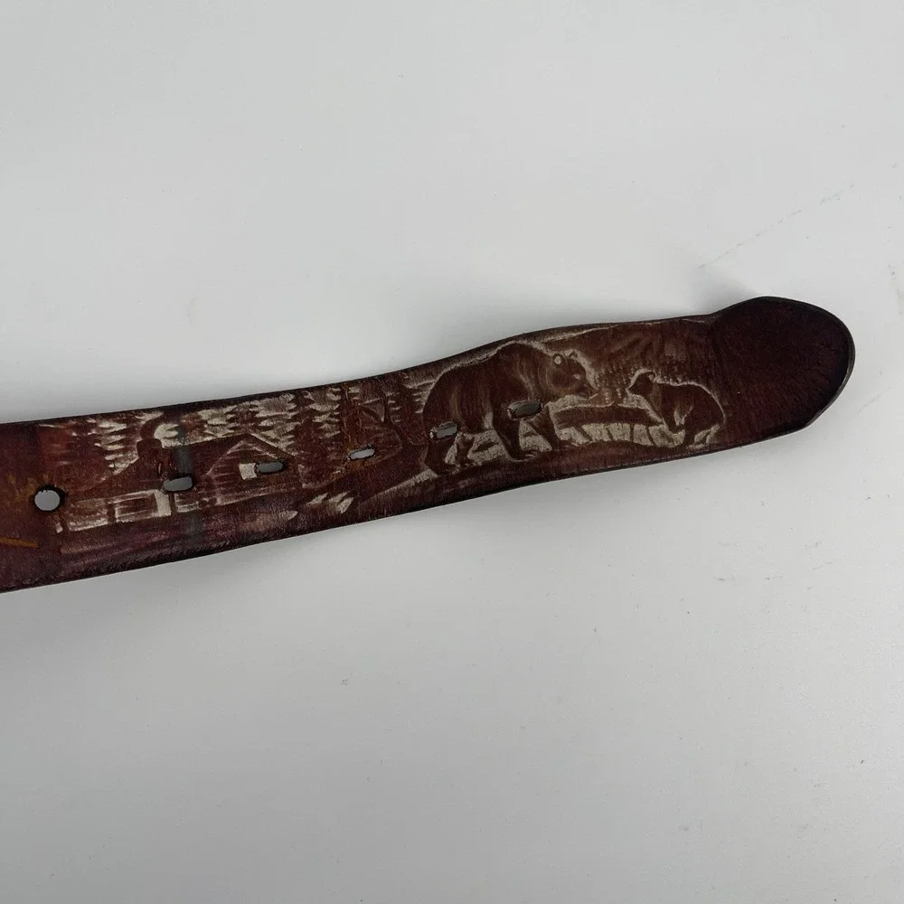 Vintage 1960s Boys Leather Belt Size 22 Hand-Carved Western Design